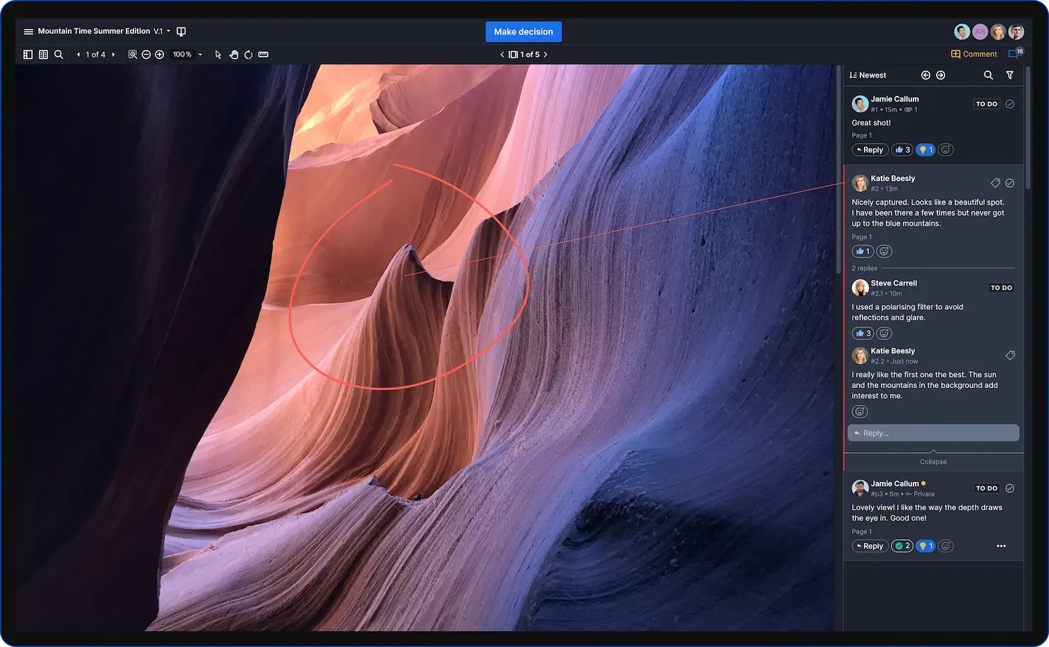 Ziflow proof viewer layout with comments section with stakeholders on the right